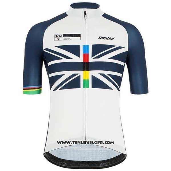 2019 Maillot Ciclismo USA Blanc Fonce Bleu Manches Courtes et Cuissard